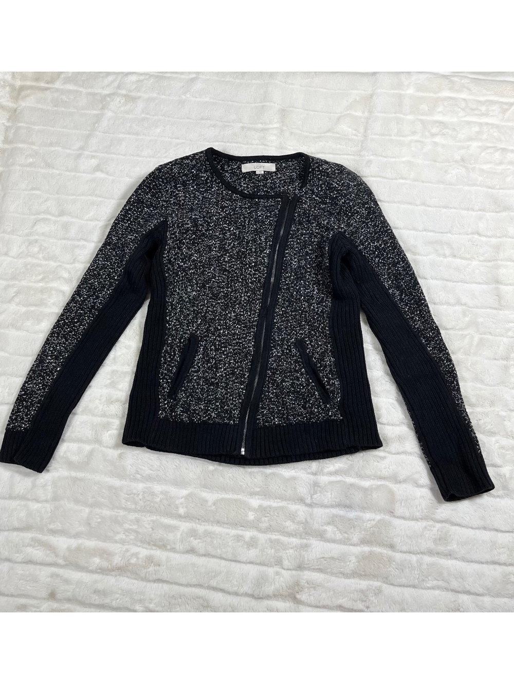 Loft Women's M Black White Space Dye Full Zip Preppy Moto Knit Cardigan Fall